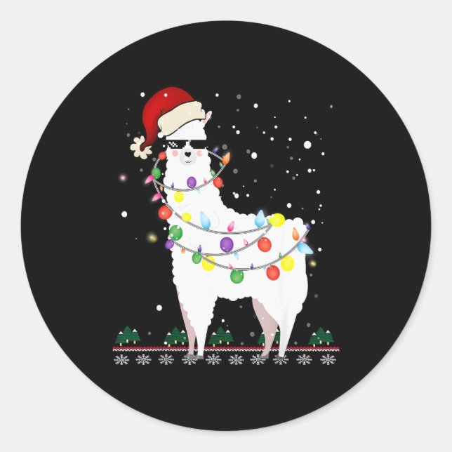 Sticker Rond Christmas Llama Santa Hat Ugly Xmas Tree Alpaca Gi (Devant)