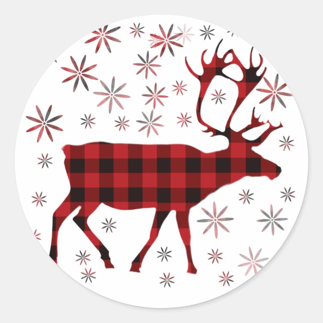 Sticker Rond Christmas Moose, Deer, elk, caribou, red plaids (Devant)