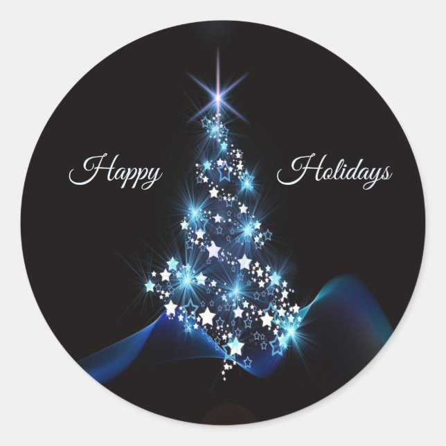 Sticker Rond Christmas Party Blue Tree Shiny Black Elegant (Devant)