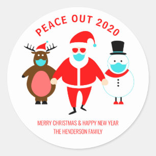 Sticker Rond Christmas Peace Out 2020 Père Noël Visage Masque p