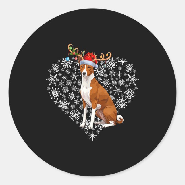 Sticker Rond Christmas Reindeer Santa Hat Basenji Lovers Xmas  (Devant)