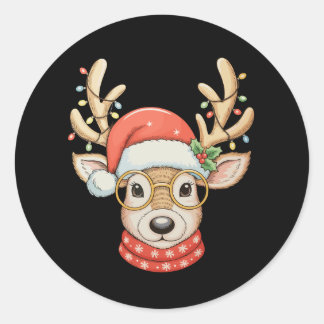 Sticker Rond Christmas Reindeer Xmas Lights Glasses Santa Hat