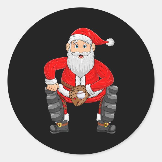 Sticker Rond Christmas Santa Playing Baseball Catcher Xmas Srts (Devant)