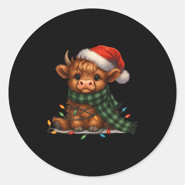 Sticker Rond Christmas Scottish Highland Cow Santa Xmas Farm An (Devant)