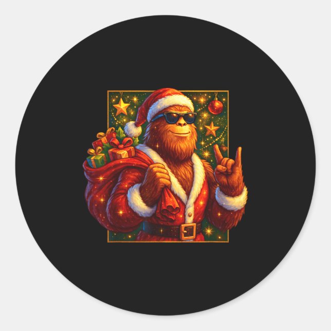Sticker Rond Christmas Shirts Funny Xmas Sasquatch Santa Bigfoo (Devant)