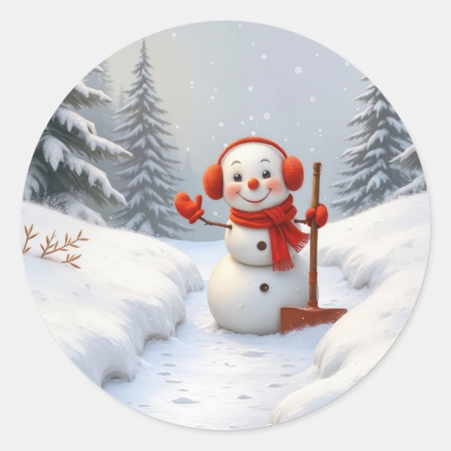 Sticker Rond Christmas Snowman with a Red Shovel (Devant)