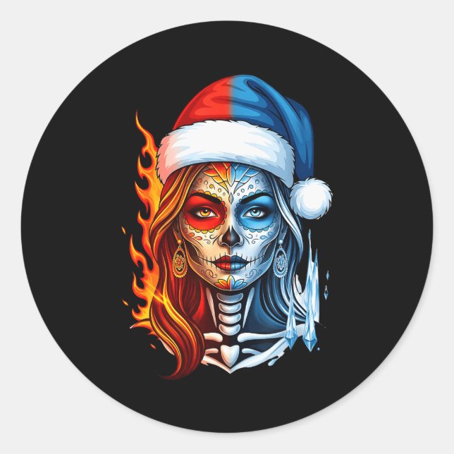 Sticker Rond Christmas Sugar Skull Art Woman Santa Hat Fantasy  (Devant)