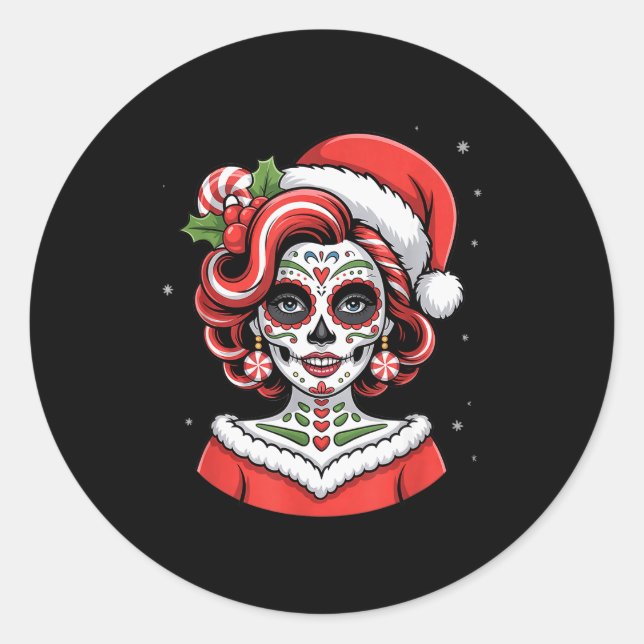 Sticker Rond Christmas Sugar Skull Art Woman Santa Hat Festive  (Devant)