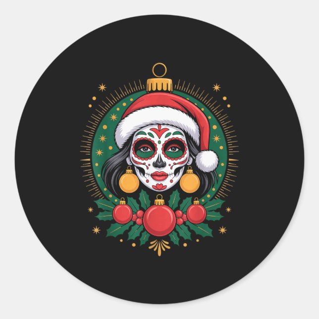 Sticker Rond Christmas Sugar Skull Art Woman Santa Hat Festive  (Devant)