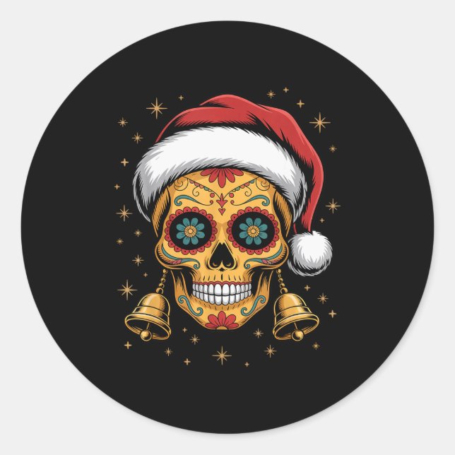 Sticker Rond Christmas Sugar Skull Art Woman Santa Hat Festive  (Devant)