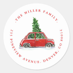 Sticker Rond Christmas Tree and Little Red Car Holiday Adresse