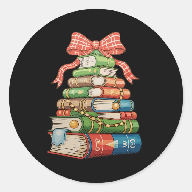 Sticker Rond Christmas Tree Books Bow Reading Librarian Teacher (Devant)