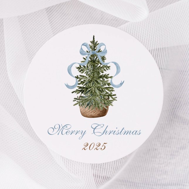 Sticker Rond Christmas Tree Preppy Bow Blue Christmas (Créateur téléchargé)