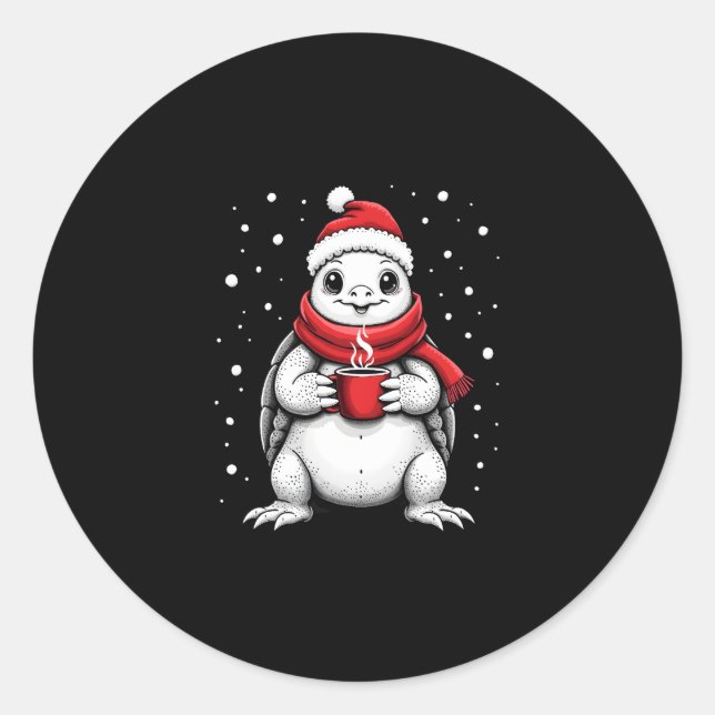 Sticker Rond Christmas Turtle with Santa Hat Coffee Lover Funny (Devant)