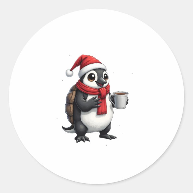 Sticker Rond Christmas Turtle with Santa Hat Coffee Lover Funny (Devant)