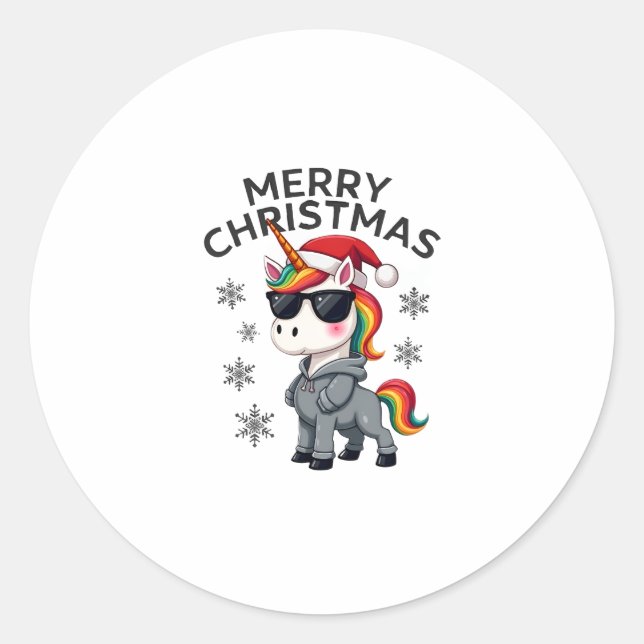 Sticker Rond Christmas Unicorn Santa Hat T-Shirt (1) (Devant)