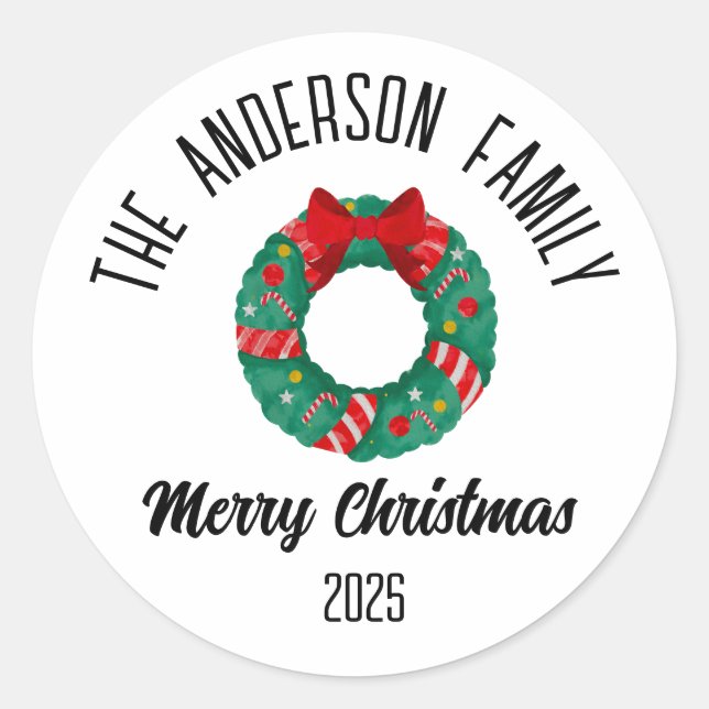 Sticker Rond Christmas Wreath Red Bow Lights Personalized Name (Devant)