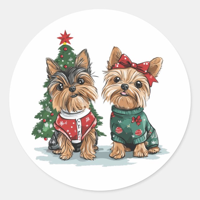 Sticker Rond Christmas Yorkie Dogs (Devant)