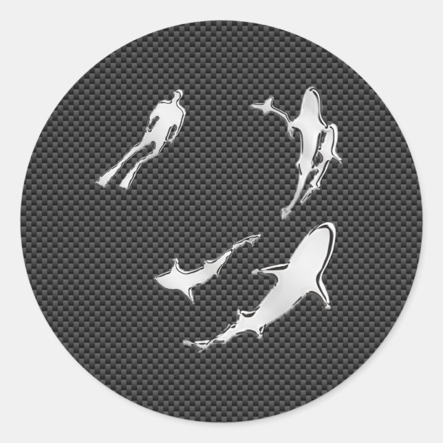 Sticker Rond Chrome comme Plongeur avec requins sur fibre de ca (Devant)