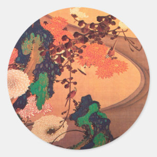 Sticker Rond Chrysanthèmes par un ruisseau avec des rochers (17