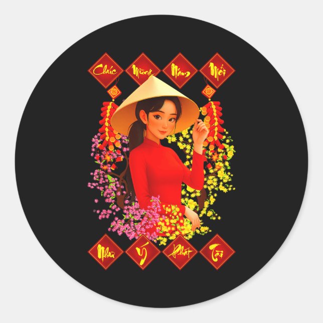 Sticker Rond Chuc Mung Nam Moi Tet Binh Ngo 2026 Vietnamese Gir (Devant)