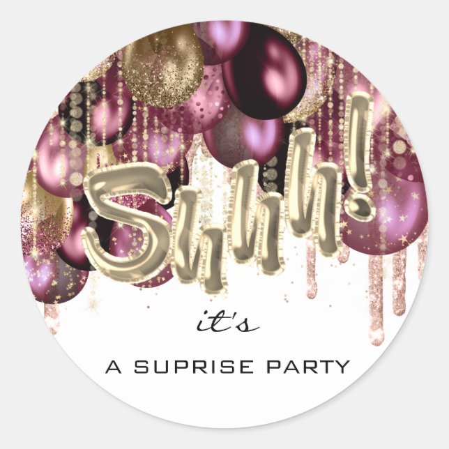 Sticker Rond Chut ! C'est Surprise Party Balloons Rose Gold Whi (Devant)