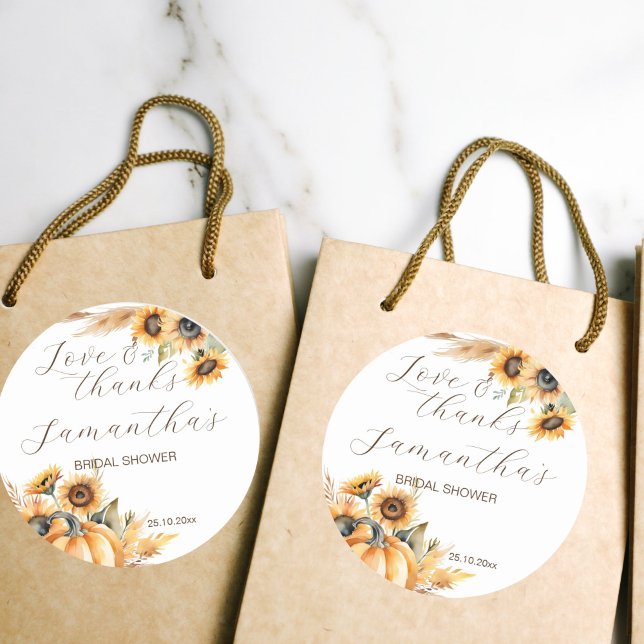 Sticker Rond Chute d'amour boho tournesols citrouilles merci (Fall in love boho pumpkin sunflowers bridal shower thank you favor stickers fall themed earthy desrt)