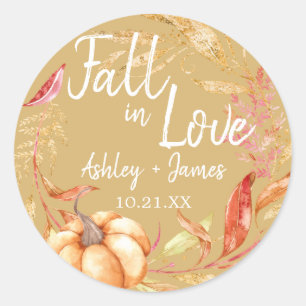 Sticker Rond Chute en amour Automne Feuille Jaune Mariage Monog