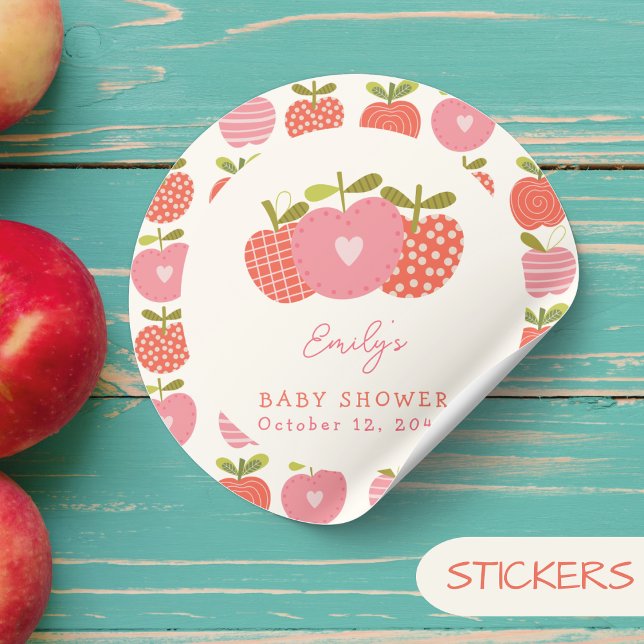 Sticker Rond Chute Pomme thème Baby shower Whimsical rose rouge (Créateur téléchargé)