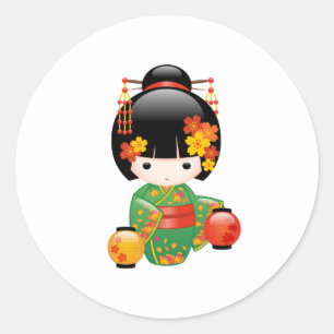 Sticker Rond Chute Poupée Kokeshi - Green Kimono Geisha Girl