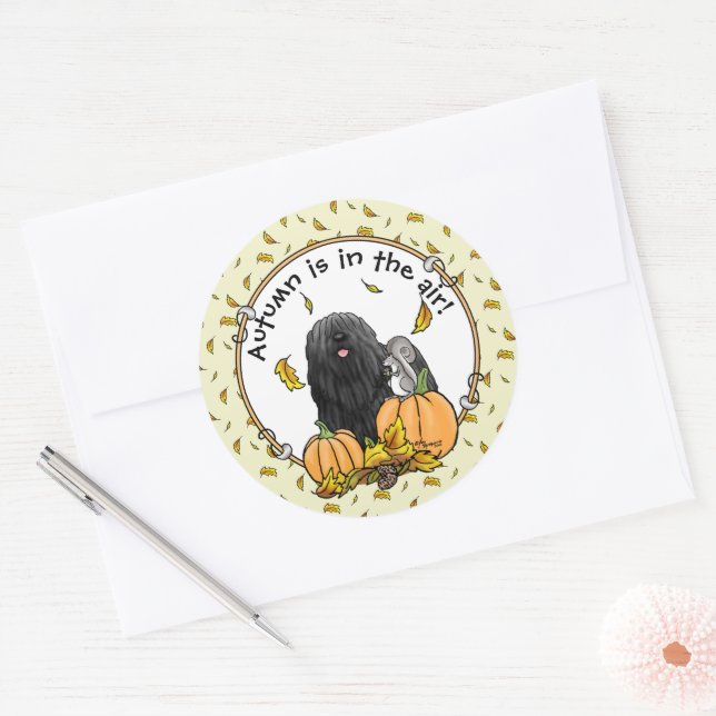 Sticker Rond Chute Puli Chien (noir) Citrouille Feuille mignon  (Enveloppe)