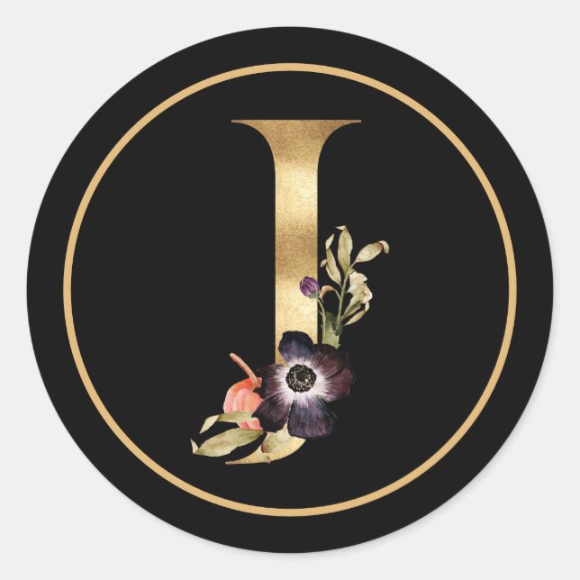 STICKER ROND CHUTE THÈME OR MONOGRAM J AVEC ARRANGEMENT FLORAL (Devant)