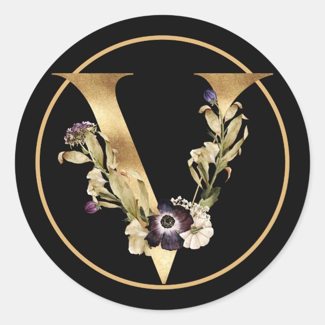 STICKER ROND CHUTE THÈME OR MONOGRAMME V AVEC FLEURS (Devant)