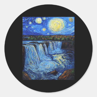 Sticker Rond Chutes du Niagara - Style Van Gogh - Nuit étoilée 