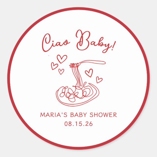 Sticker Rond Ciao Baby ! Baby shower de pâtes italiennes à la m (Devant)