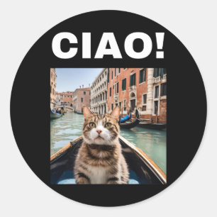 Sticker Rond Ciao Chat Gondolier Drôle Sur Une Gondole Vénitien