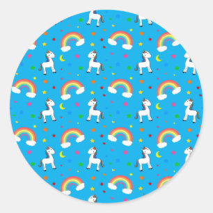Sticker Rond Ciel bleu arc-en-ciel licorne coeur étoiles motif