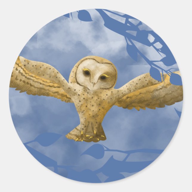 Sticker Rond Ciel bleu, Gold Barn Owl Party Favoriser (Devant)