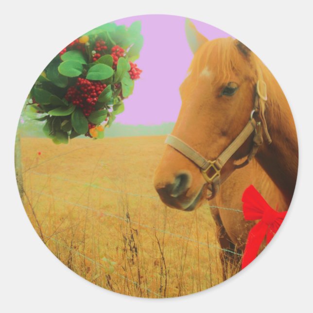 Sticker Rond Ciel rose rétro Cheval de Noël (Devant)