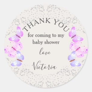 Sticker Rond Ciels papillons Merci Confetti en argent rose