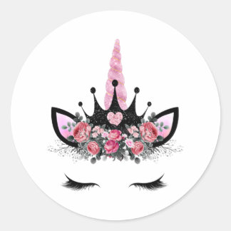 Sticker Rond cils Unicorne, Fleur d'aquarelle, corne de Parties