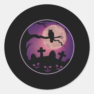 Sticker Rond Cimetière Citrouille Owl Moon Effrayant Halloween 