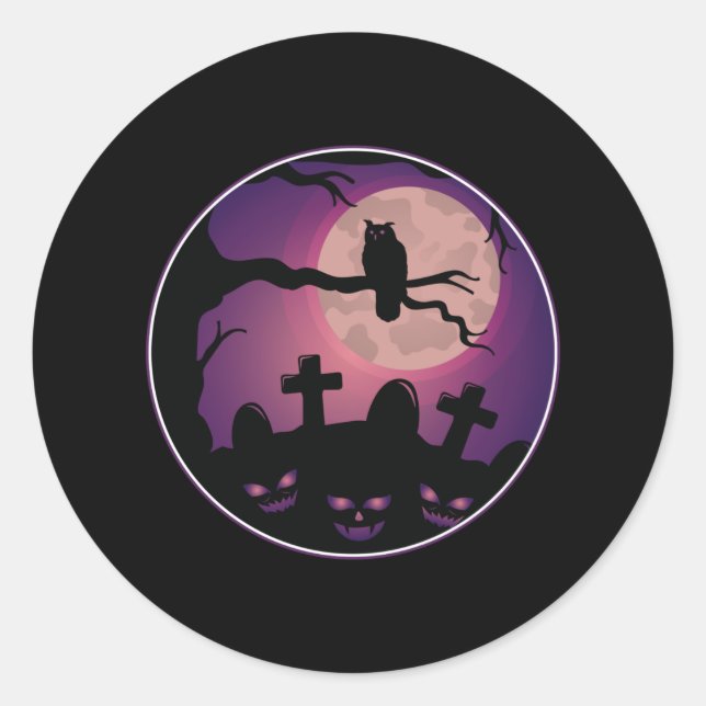 Sticker Rond Cimetière Citrouille Owl Moon Effrayant Halloween  (Devant)