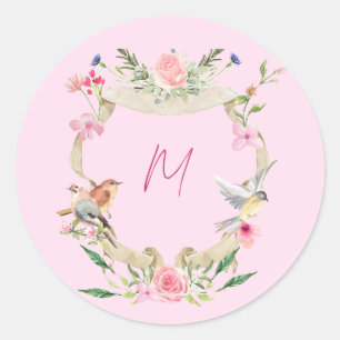 Sticker Rond Cimier Floral Monogramme rose