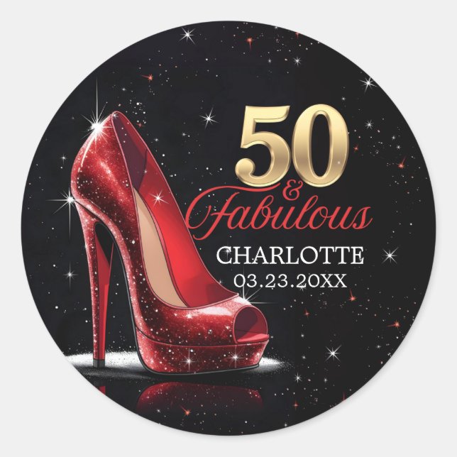 Sticker Rond Cinquante 50 & Fabuleux BIRTHDAY Red Gold High Hee (Devant)