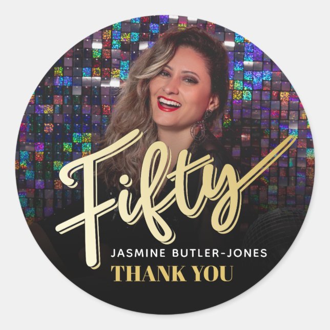 Sticker Rond Cinquante-50e anniversaire de fête photo or faveur (Devant)