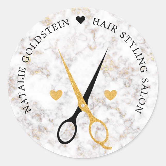 Sticker Rond Ciseaux noir et or en marbre coiffeuse (Devant)