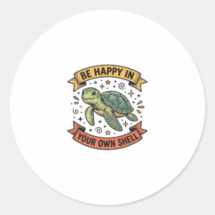 Sticker Rond Citation de Tortue Heureuse Dessin de Gravure Vint