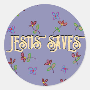 Sticker Rond Citation « Jésus Sauve » avec Florales Violet
