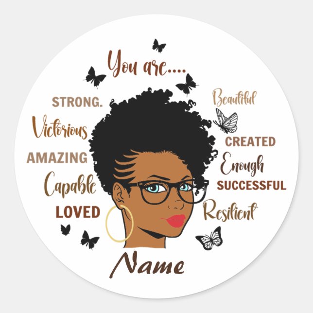 Sticker Rond Citations Fille Afro Femme Noire Personnalisées (Devant)